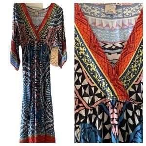 Boho V-Neck Maxi Dress in Blue & Coral